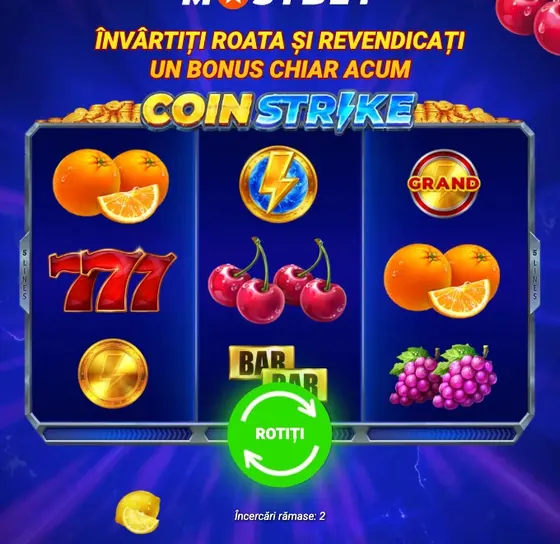 Slotul Coin Strike cu butonul de rotire din promoția Mostbet
