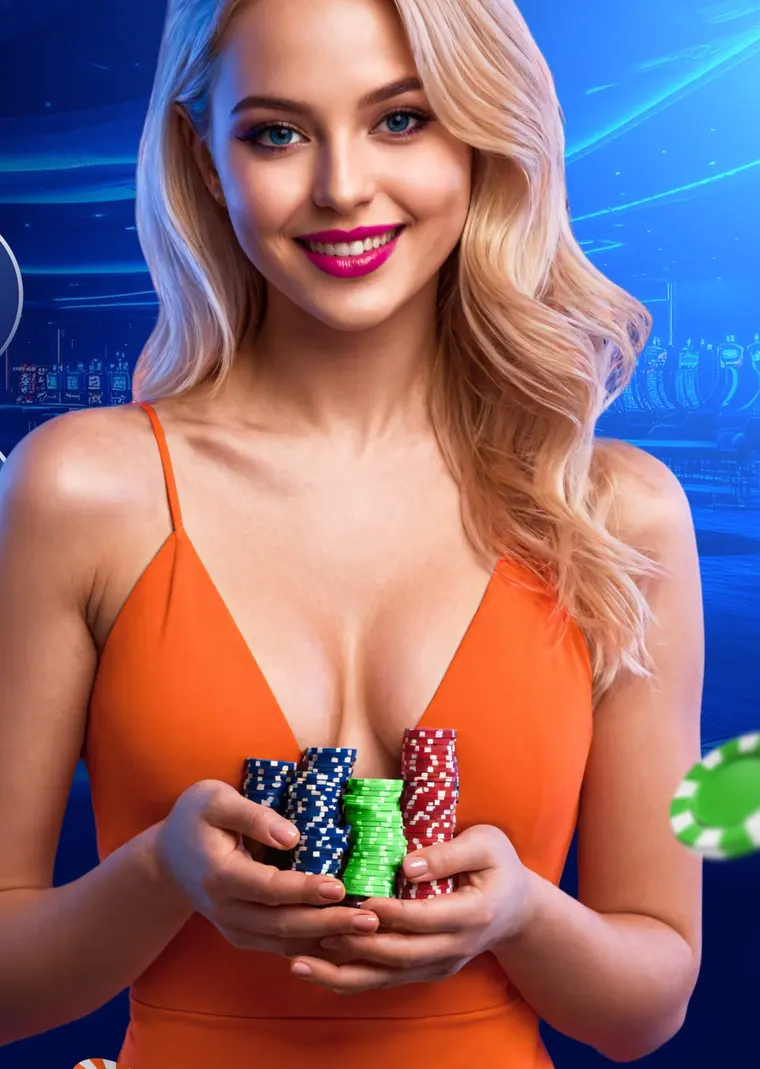 Девушка с фишками на баннере казино Mostbet