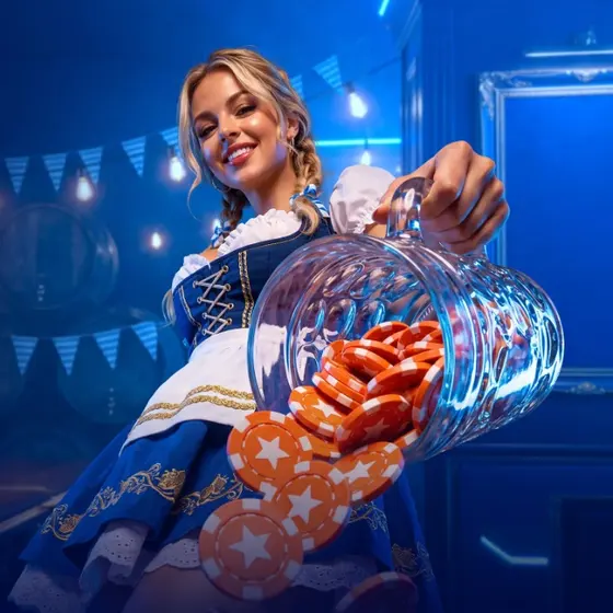 Octoberfest Party в Mostbet: девушка с кружкой фишек